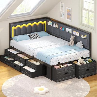 Twin Size Daybed, Corner Bed Frame With 8 Drawers, 6 Storage Pockets, Rgb Wave Lights, Grey