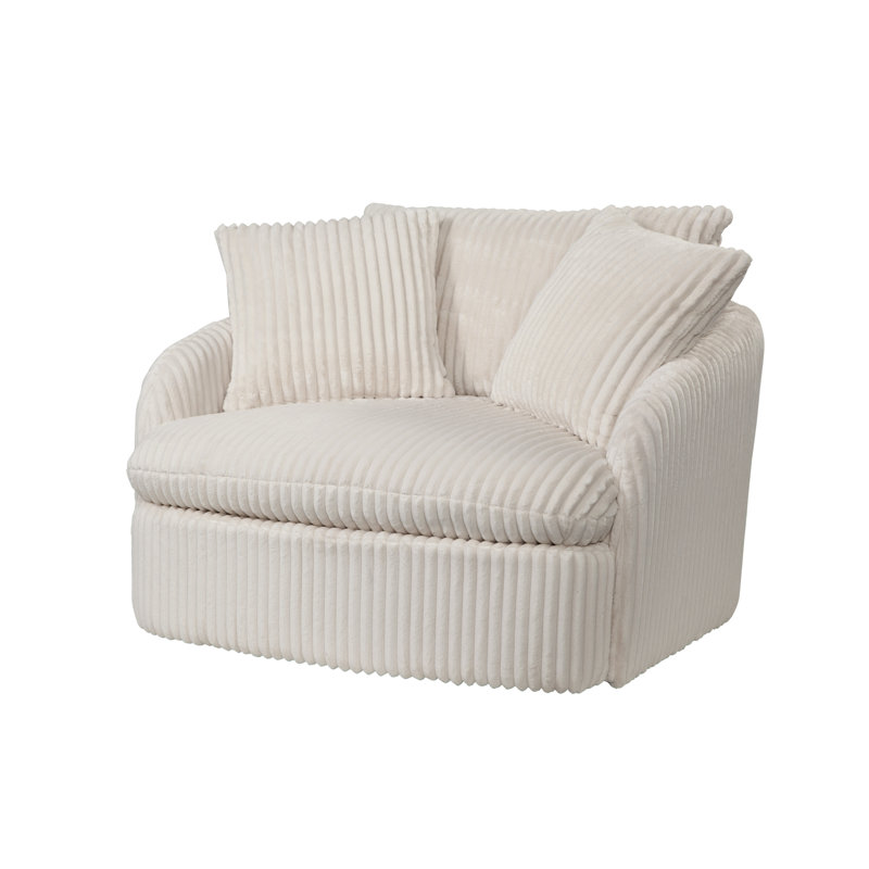 46" Wide Oversized Swivel Lounge Chair, Ribbed Faux Fur Cord, Cream Ribbed Faux Fur Cord