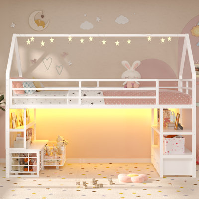 Low Loft Bed Twin Size With 5 Storage Drawers & Bookcase,Twin Loft Bed With Led Lights, Open Storage Shelves, Metal Loft Bed With 13.4In Guardrail,Under-Bed Play Space,House Shape