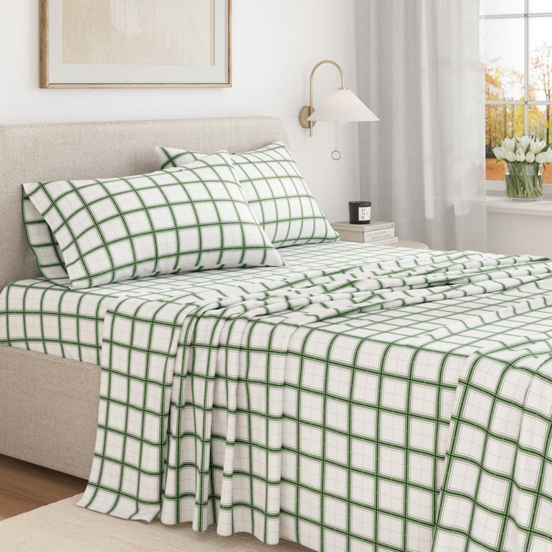 Ensemble de draps 100% flanelle de coton écossais, Ensemble de draps pour grand lit avec 2 taies d'or, Vert et gris rayé