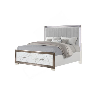 Desire Queen Bed –Upholstered LED Headboard With Marble-Patterned Footboard Storage And Metallic Trim For A Chic Modern Bedroom Statement