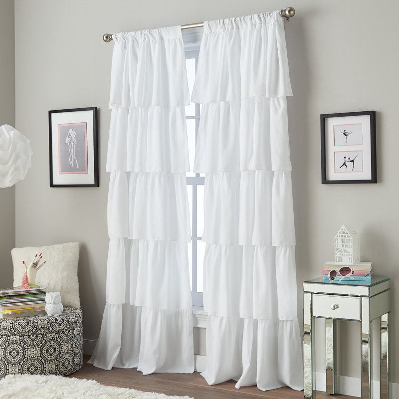 White Ruffled Light-Filtering Polyester Kids Curtain Panel, 42" x 95"