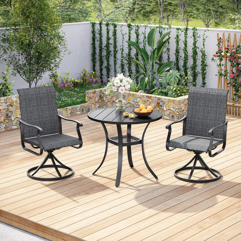 3 Pieces Patio Dining Set with Round Dining Table and 2 PVC-coated polyester Swivel Chairs, Black