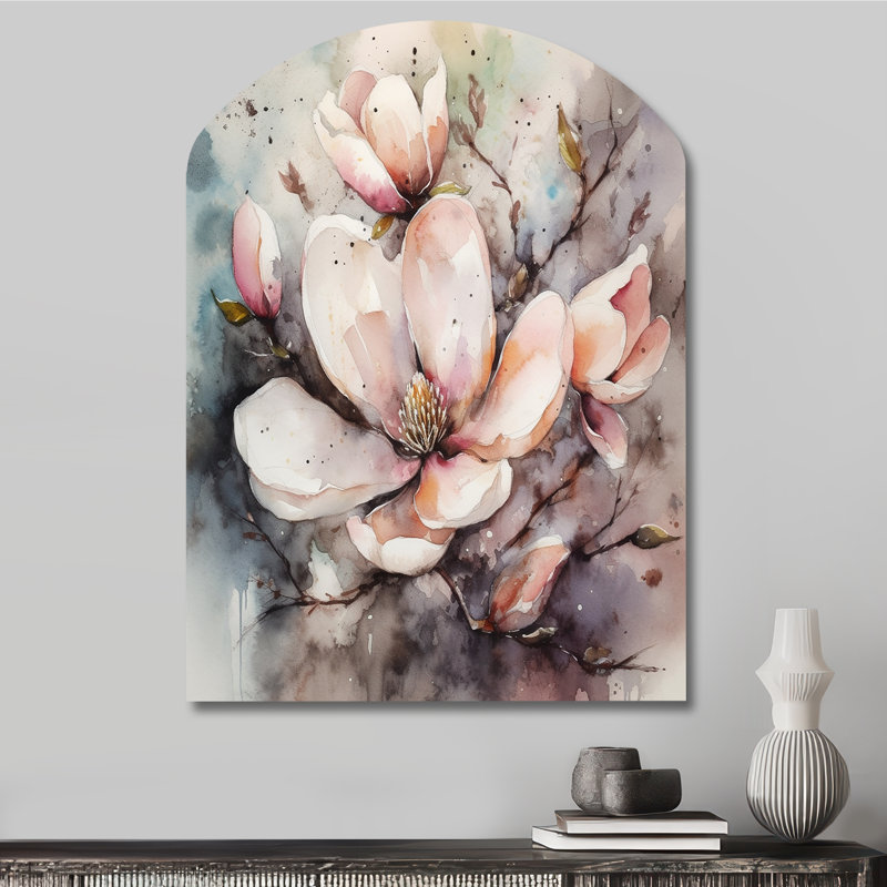 «Pink Magnolia Symphony I - Arch Magnolias», décoration murale asymétrique en métal, H 34 po x l 25 po