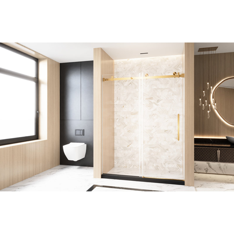 56 - 60 "w X 76" H Brushed Gold Single Sliding Shower Door, 1/4" (6 Mm) Clear Tempered Glass, Film, Stainless Steel Track And Handle, American Design, Large Wheels For Silent Efficient Sliding,