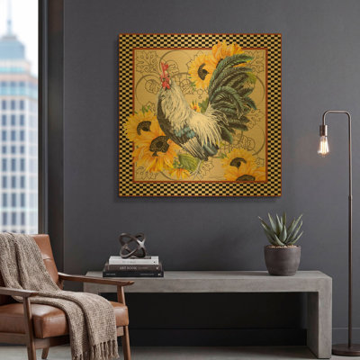 «Country Time Rooster C» par Jean Plout, art mural en métal doré, 36 po x 36 po