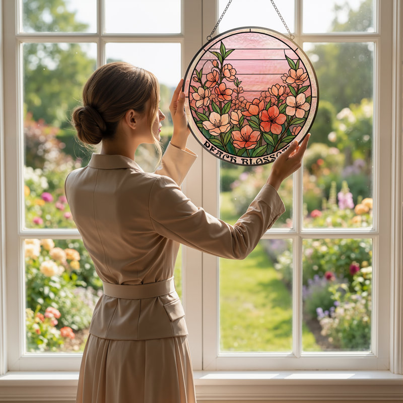 Panneau de vitrail 12 "H Peach Blossoms, H 12 po x l 12 po