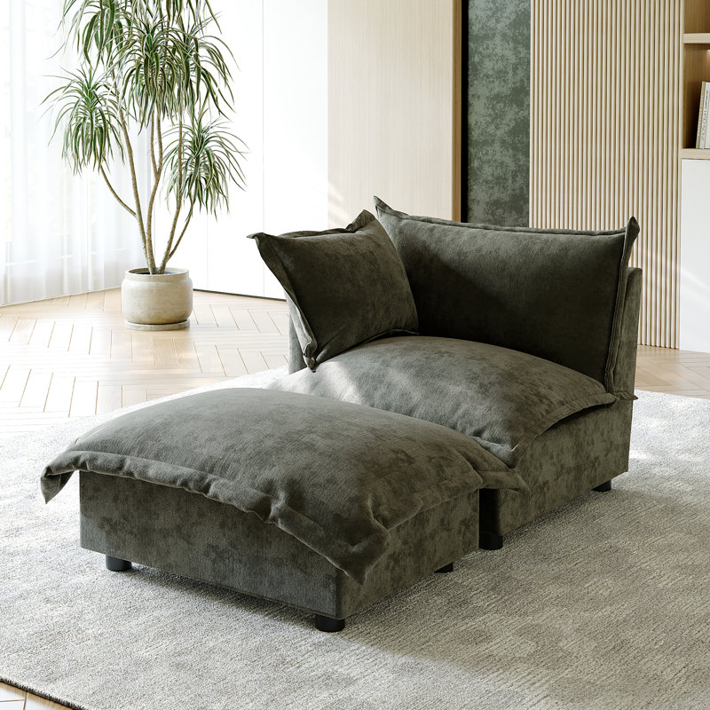 Plush Gray Upholstered Chenille Accent Chair with Oversized Cloud Cushions and Movable Ottoman, Gray