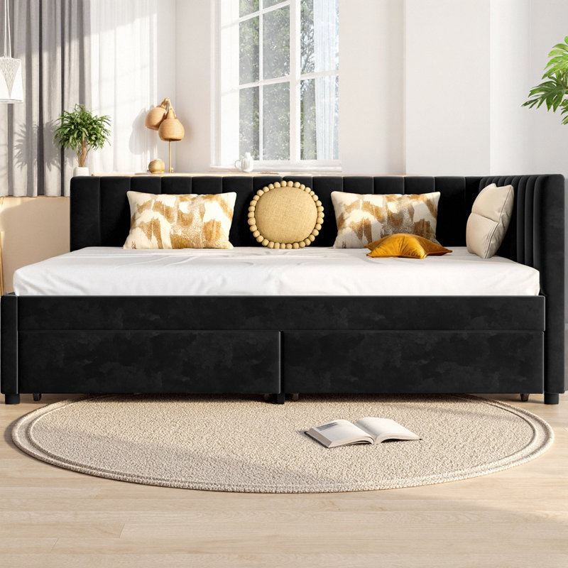 Full Size Daybed with Storage Drawers, Upholstered Corner Bed with L-Shaped Headboard, Velvet Daybed Frame for Living Room & Guest Room, Space-Saving Design