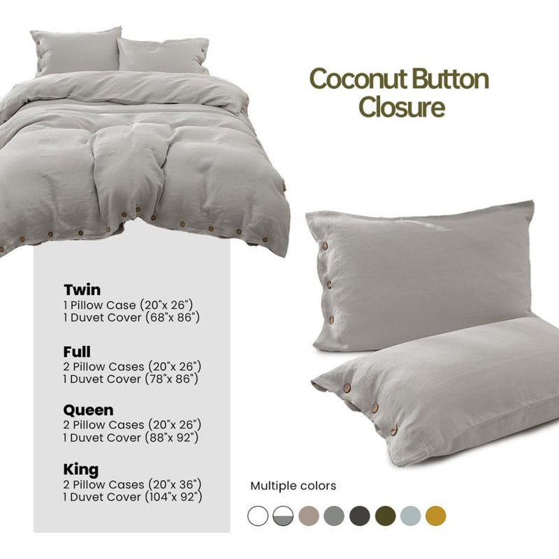 100% Belgian Flax Linen Duvet Cover -1 Duvet Cover , Pillowcases,Breathable Farmhouse Comforter Cover With Coconut Button Closure