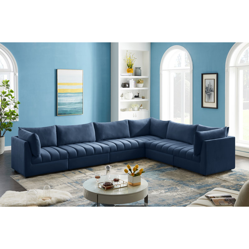 Ensoll Velvet L-Shaped Sectional Reversible, Navy Velvet