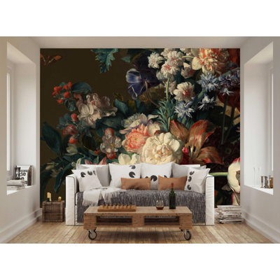 Colorful Realistic Flowers Design Dark Background Removable Wallpaper