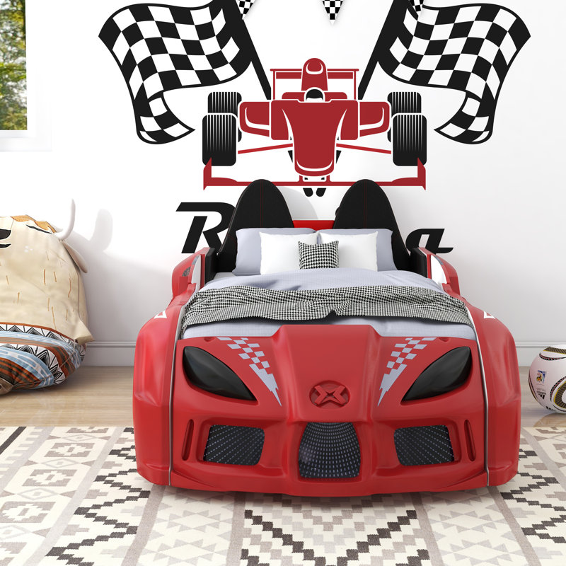Lunnie Twin Car Bed With Lights, Blue, Red