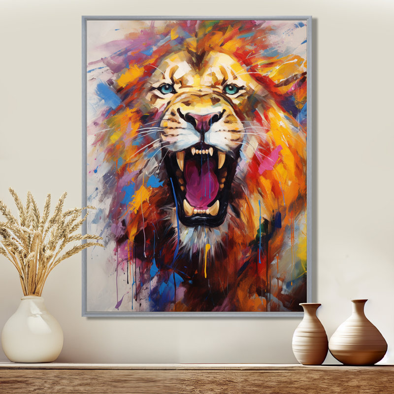 Abstrait lion rugissant - Lion, art mural, H 20 po x l 12 po x P 1 po, Encadrement argenté