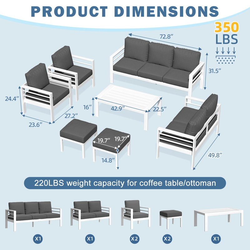 Charlsa 9 - Person Patio Conversation Set with Cushions, Dark Gray Cushion/White Frame