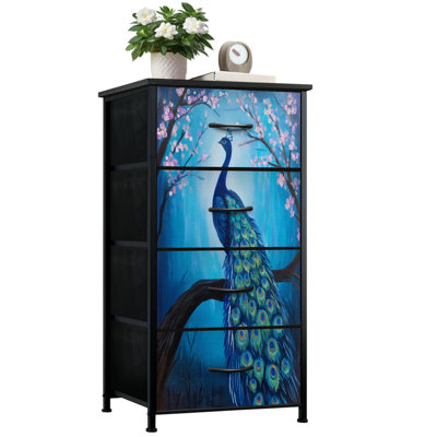 Commode pour la chambre à coucher avec 4 tiroirs de rangement Peacock vibrant perché sous les cerisiers en fleurs, commode aux tons bleus