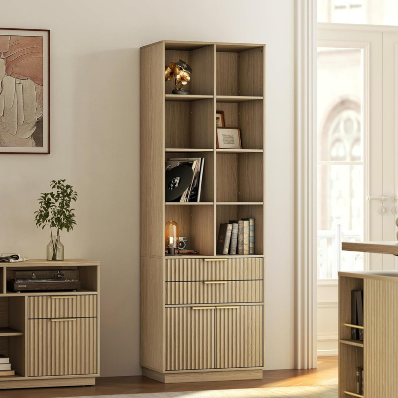73'' H X 23.6'' W Tall Bookcase With 2 Drawers & Storage Cabinet, Beige