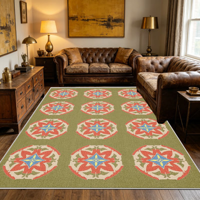 Tapis à médaillon vert et rouge (1 pièce), élégant et polyvalent, facile à nettoyer et à entretenir. Idéal pour la chambre, le salon, le corridor, l'entrée, une chambre d'étudiant ou un bureau, il apportera une touche de fraîcheur à votre intérieur.