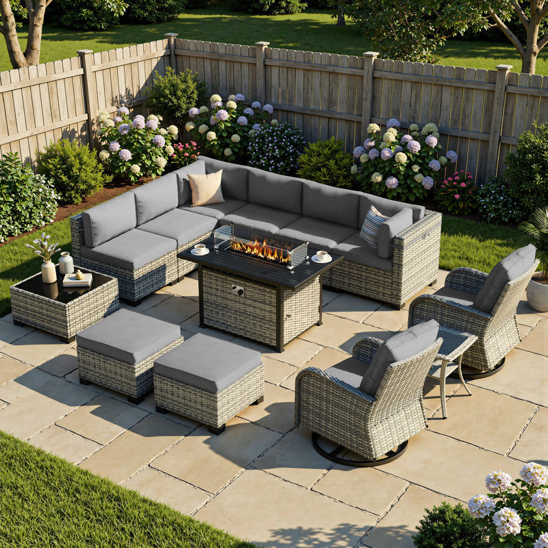 13-Piece Wicker Patio Conversation Set With Fire Pit Table, Modular Sectional, Swivel Rocker Chairs & Ottomans, Gray