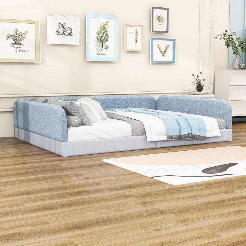Lit plateforme tapissier Montessori, Lit double, Bleu