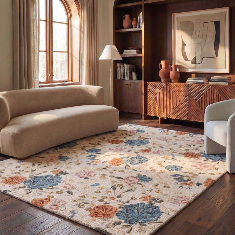 Tapis de jardin 927 tufté à la main, 80 % laine, 20 % coton, motif floral, Rectangle 8' x 10'