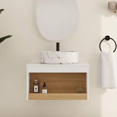 24" Modern Wall-Mounted Bathroom Vanity With Ceramic Sink, Open Shelf Storage