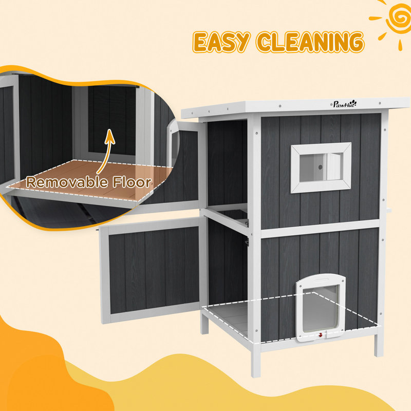 Maison d'extérieur pour chat, abri pour chat en bois à 2 niveaux avec toit résistant aux intempéries, plancher amovible, portes de secours, pour 1 à 2 chats, gris