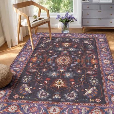 Tapis oriental oriental lavable pliable à motif floral pour chambre à coucher