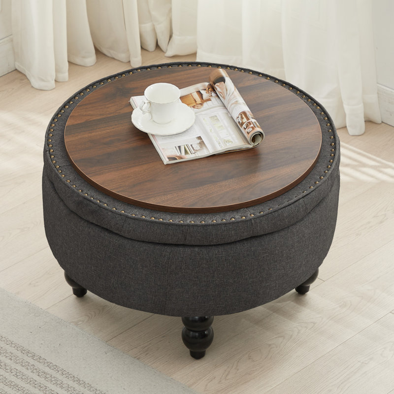24'' Wide Upholstered Round Storage Ottoman, Dark Gary Linen