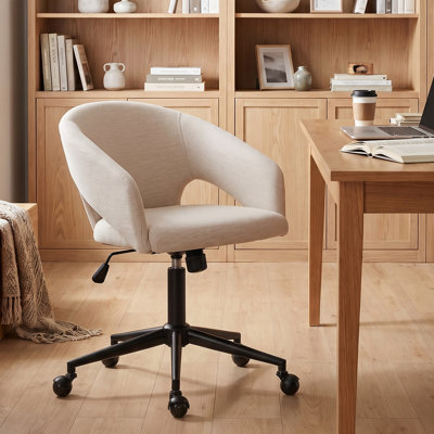 Mid-Century Two-Tone Office Chair Faux Leather & Fabric Upholstered Swivel Desk Chair With Thick Cushion Height Adjustable Rolling Task Chair With 360°Ball Caster & Black Metal Base, For Home Office, Vanity