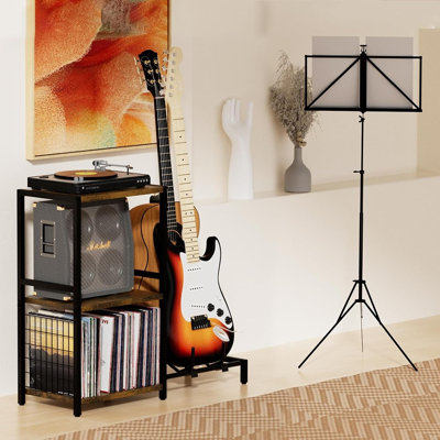 Support pour platine vinyle à 3 niveaux avec porte-guitare, table d'appoint de rangement pour vinyles, support pour platine vinyle compatible avec guitare acoustique, électrique, basse et ukulélé, brun