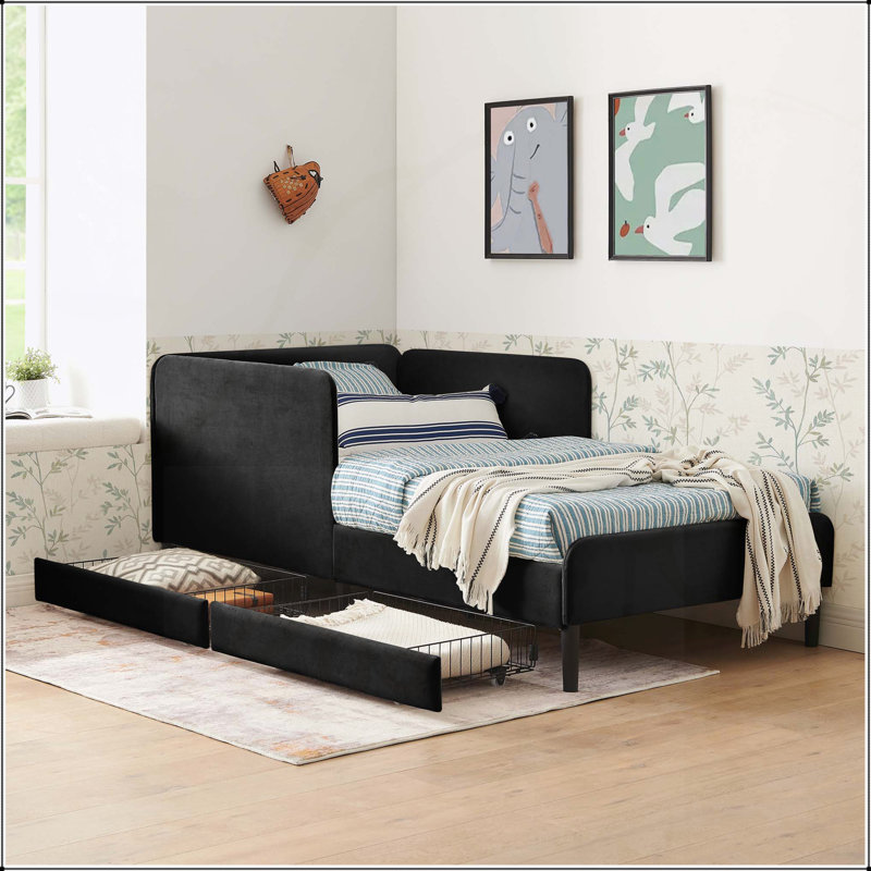 Canapé-lit simple en velours réglable avec tiroirs de rangement, alliant confort et efficacité dans un design moderne., Noir