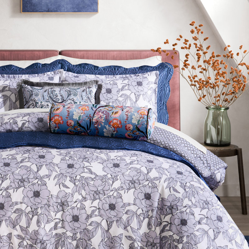 Ted Baker Tropical Birds Printed Velvet Bolster 8"X24" Decorative Pillow Blue