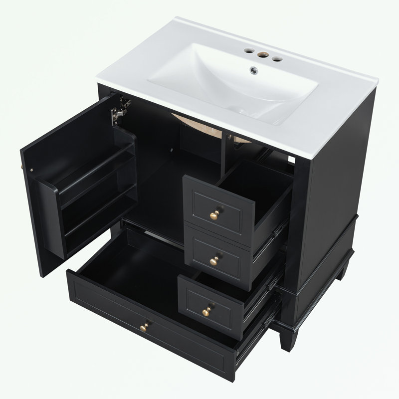 Meletios 30" Bathroom Vanity With Sink, One Door With Shelf And Three Drawers, Soft Close Door, Black