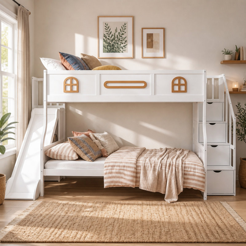 Lit double superposé au-dessus de grand lit double avec glissière et escalier de rangement, blanc, Blanc