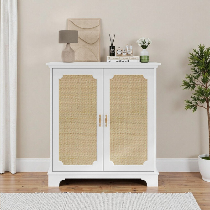 White Rattan Cabinet - Farmhouse Buffet Storage Cabinet with Adjustable Shelves, Kitchen & Living Room Decor (31.1"L x 15"W x 34.25"H)