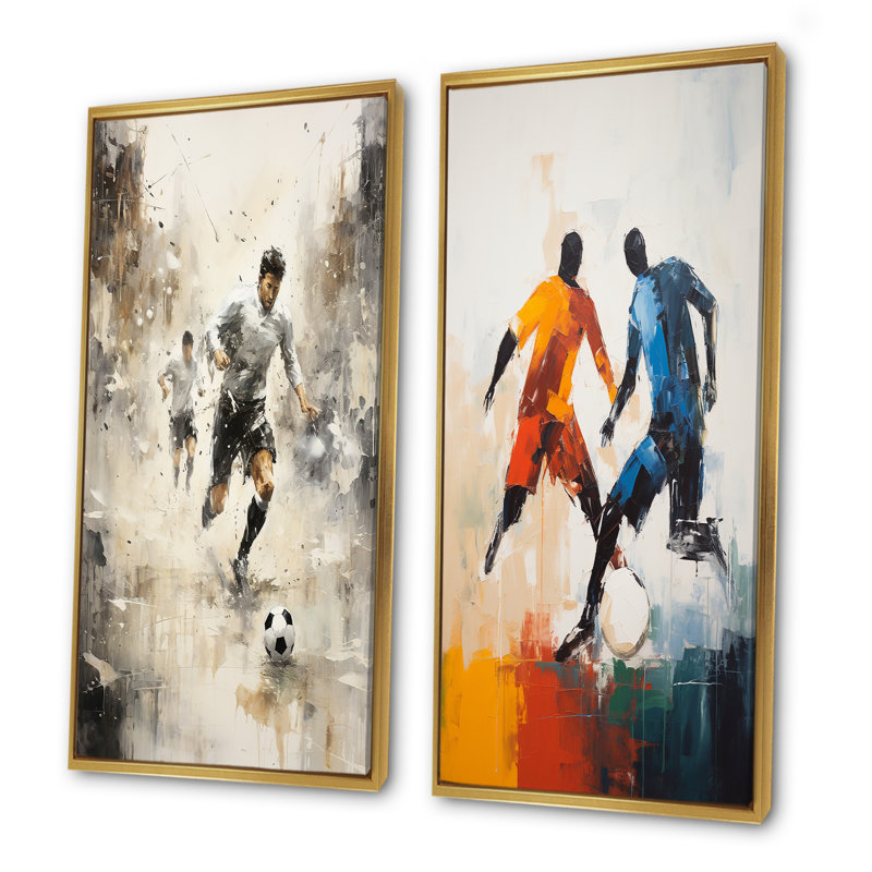 «Grey Minimalist Soccer Encounter I», ensemble de 2 décorations murales de soccer, Cadre flottant doré, H 28 po x l 25 po