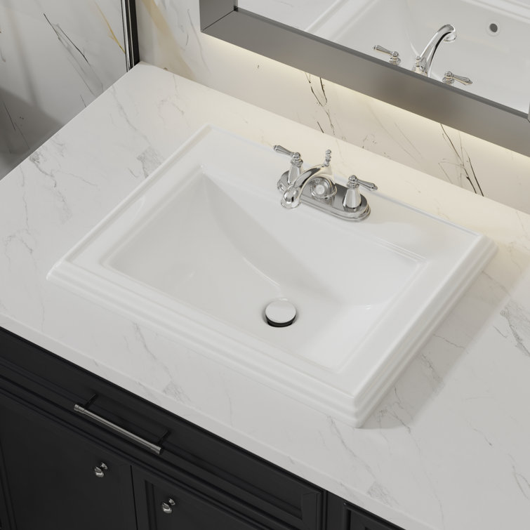 Drop In Bathroom Sink 23 in. x 18 in. Rectangular in White Ceramic Vintage Style with Three Centerset Facet Holes & Front-Overflow