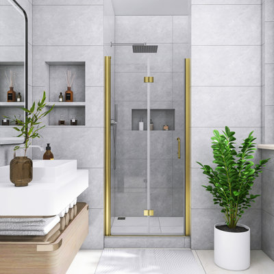 34 In. W X 72 In. H Bifold Semi-Frameless Shower Door In Brushed Gold Finish