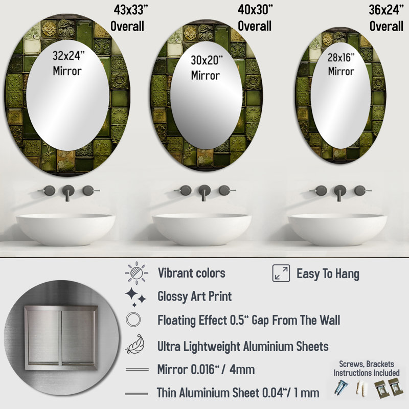 Green Stone Tiles I - Miroir mural ovale moderne vert, H 36 po x l 24 po