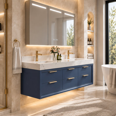 Ensemble de meuble-lavabo mural 60 po avec lumière DEL, dessus en pierre reconstituée et 6 tiroirs à fermeture en douceur Lumino