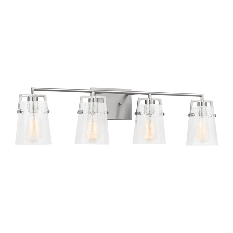 Applique murale de salle de bain 4 lumières Crofton au fini nickel brossé avec abat-jour en verre transparent craquelé