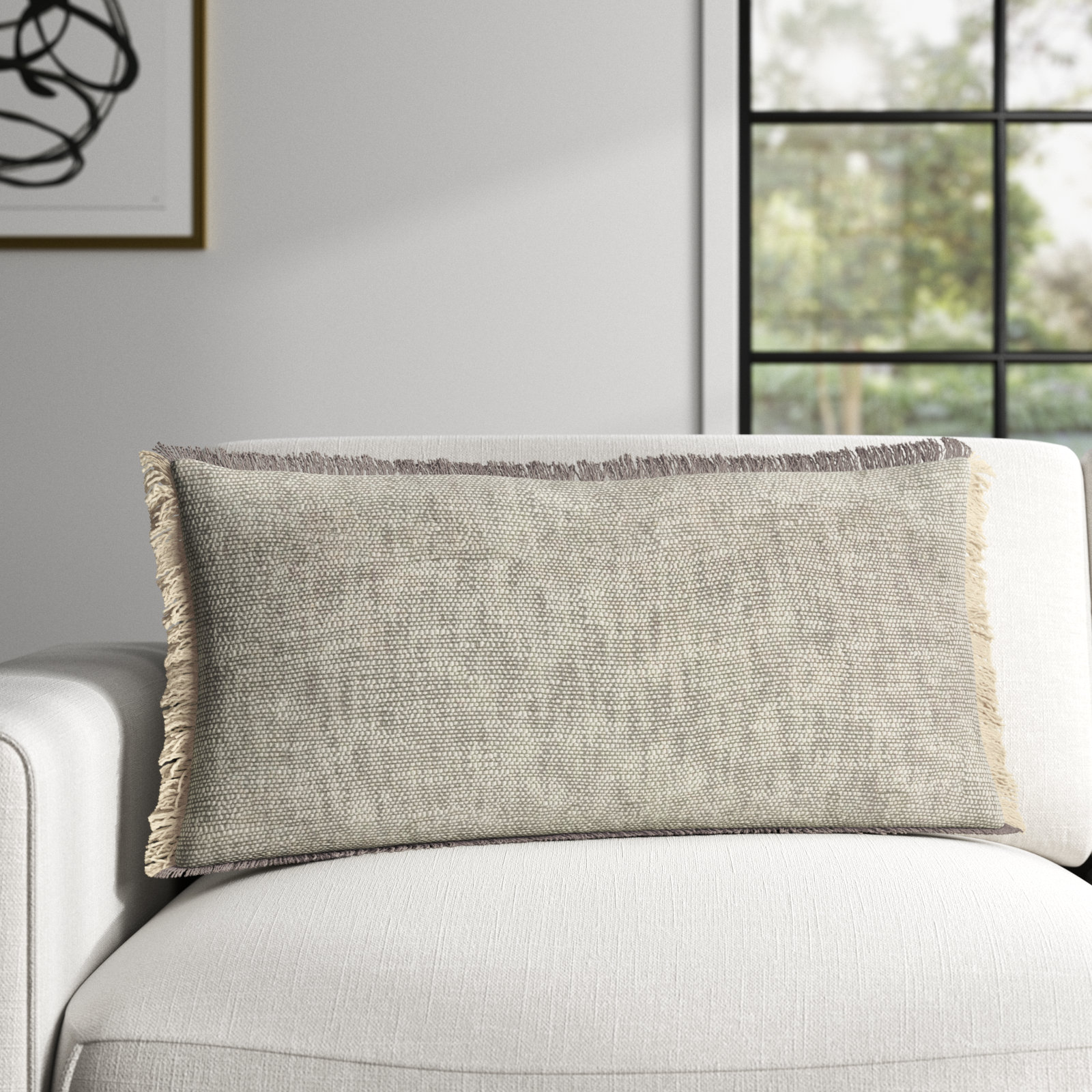 Gomer Fringed Cotton Lumbar Throw Pillow, Gray