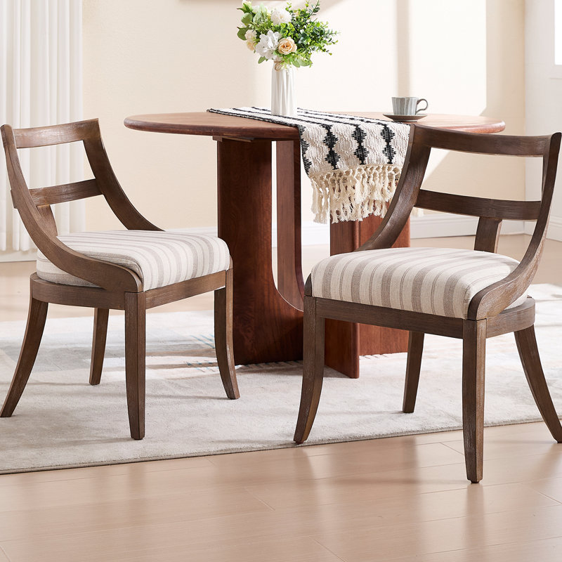 Solid Wood Upholstered Dining Chairs, Linen Gray Striped, Brown
