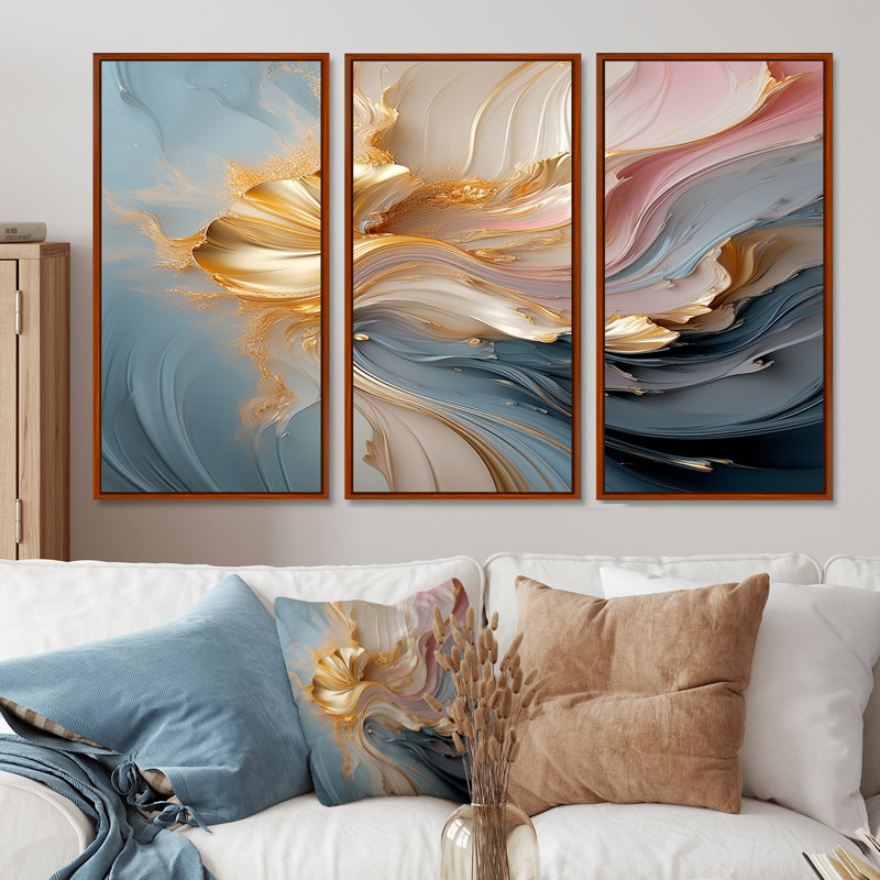 «Fluid Magnificence Pink Gold II», ensemble d'art mural abstrait à encre liquide, Cadre flottant brun