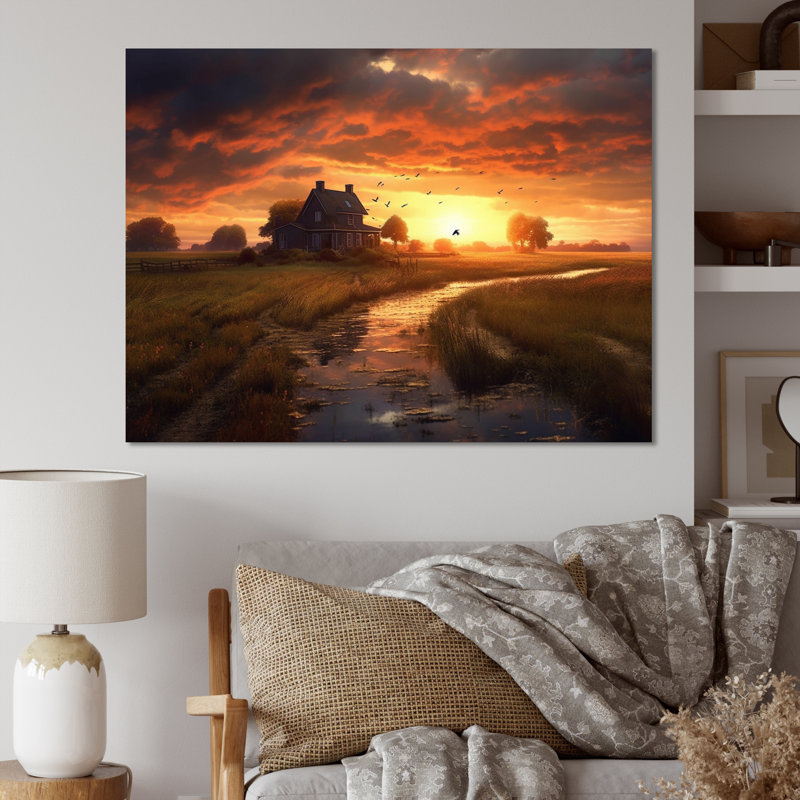 «Glorious Sunset Over Waterway In The Fields», reproduction sur toile, H 16 po x l 32 po, Cadre photo argenté