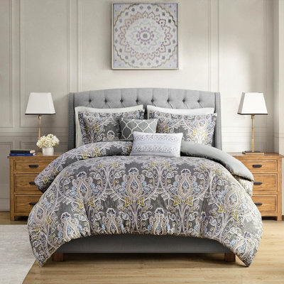 Housse de couette en coton 5 pièces pour lit double / grand gris avec boutons et attaches 100% bleu