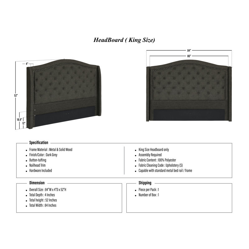 Tête de lit tapissier Wingback, Gris foncé, Très grand