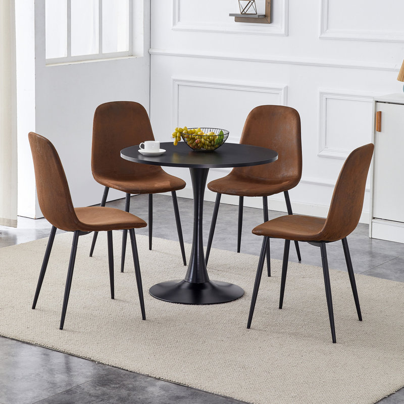 5-Piece Mid-Century Modern Round Dining Set with Pedestal Table and Faux Leather Chairs, Brown