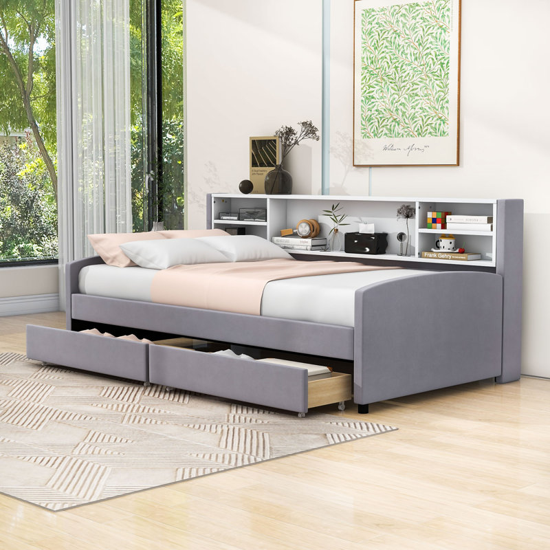  Lit de jour simple rembourré avec rangement et tiroirs Evalynn, gris